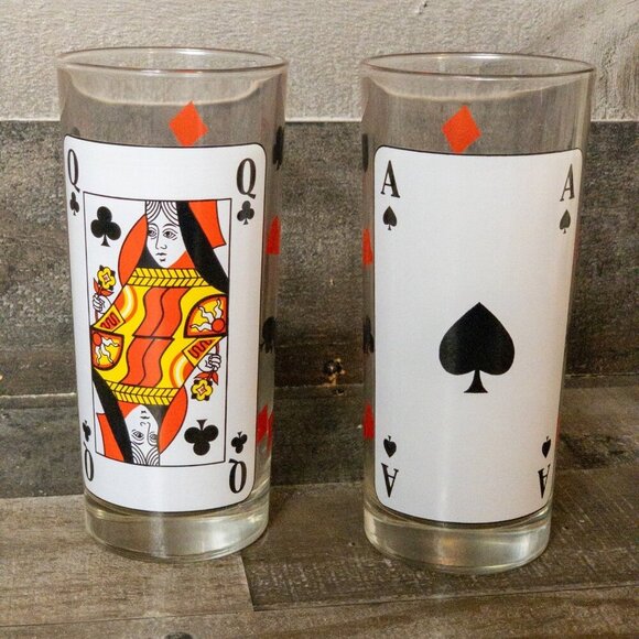 VINTAGE PLAYING CARDS HIGHBALL COCKTAIL GLASSES SPADES QUEEN ACE CLUBS SET OF 2 - Picture 8 of 8